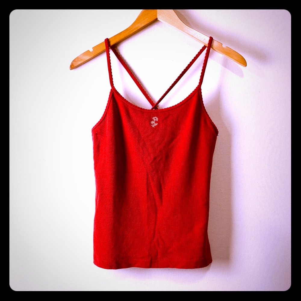 J Crew red waffle camisole w flower embroidery